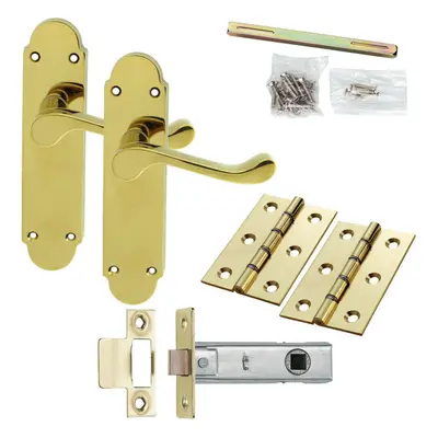 Door Handle & Latch Pack Brass Victorian Upturn Lever Turn Rounded Backplate