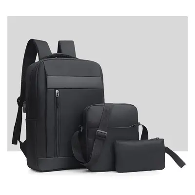 (Black) 3Pcs Men Backpack Set USB Charging Laptop Bag Multifunctional Casual Travel Backpack Men