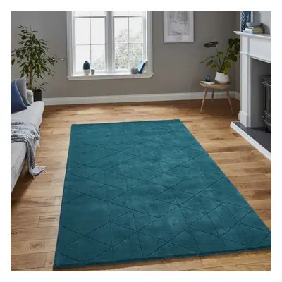 (150x230cm) Modern Kasbah KB2025 Geometric Wool Rugs in Dark Teal Blue Soft Hand Made Mats