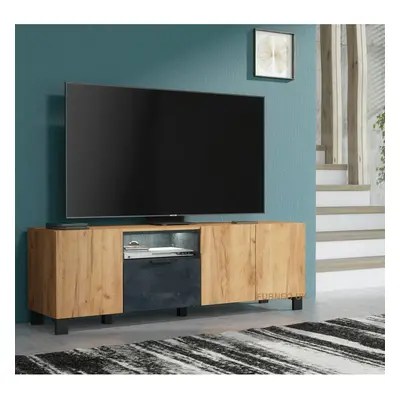 Furneo 150cm TV Stand Oak & Black Concrete Effect Unit Cabinet White LED Lights Enzo