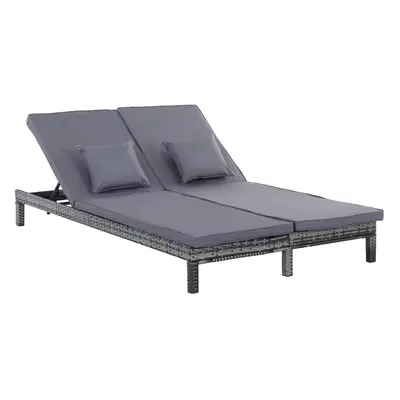 Outsunny Person Rattan Lounger Adjustable Double Chaise Chair w/ Cushion Grey