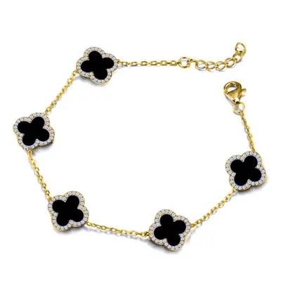 Jewelco London Gold-plated Silver Black Clover Onyx & CZ Halo Lucky Charm Station Bracelet 7-8.5