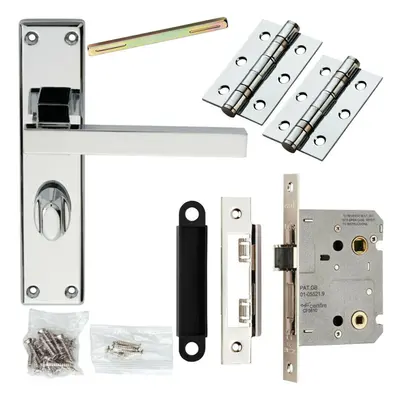 Door Handle & Bathroom Lock Pack Chrome Straight Square Thumb Turn Backplate