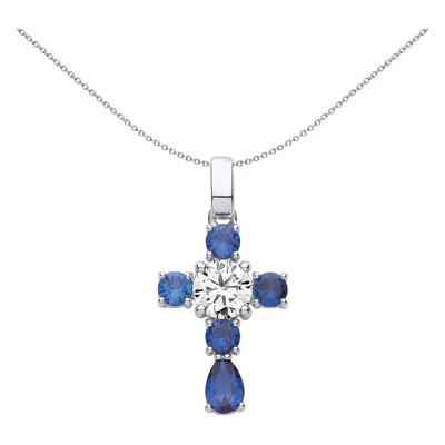 Jewelco London Unisex Rhodium Plated Sterling Silver Blue Pear CZ Bubbly Raindrop Cluster Cross 