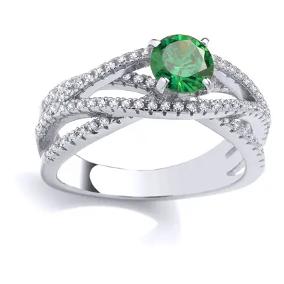 (K) Jewelco London Sterling Silver CZ & Created Emerald Fancy Crossover Ring Cocktail Ring - GVR