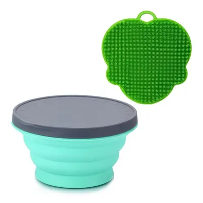 (Light Green) Silicone Collapsible Portable Bowl Expandable with Lid and Dish Sponge for Travel 