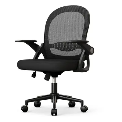 (Black) Mid-Back Mesh Chair with Flip-up Armrests