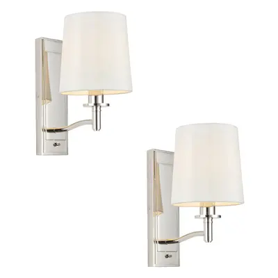 2 PACK Bright Nickel Indoor Wall Light Fitting & Vintage White Fabric Shade