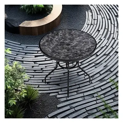 80CM Dia Outdoor Garden Black White Marble Patterned Tempered Glass Round Coffee Table with Para