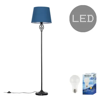 Traditional Style Black Barley Twist Floor Lamp with a Navy Blue Tapered Light Shade - Complete 