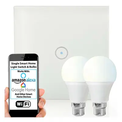 WiFi Light Switch & Bulb 2x 10W B22 Cool White Lamp & Single Wireless Wall Plate