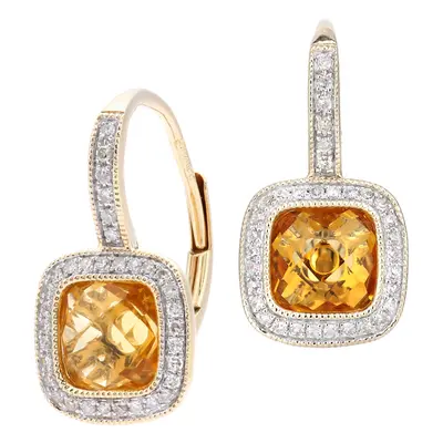 Jewelco London 9ct Yellow Gold Round 20pts Diamond Cushion 2.35ct Citrine Cocktail Drop Earrings