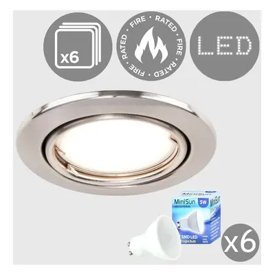 Pack of - Fire Rated Brushed Chrome Tiltable GU10 Recessed Ceiling Downlights - Complete with 5w