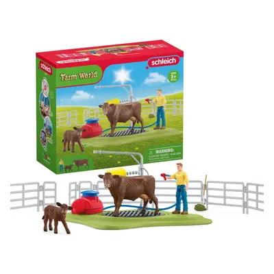 Schleich Farm World, Farm Animal Toys for Kids, Happy Cow Wash with Cow Toys and Working Wash Ar