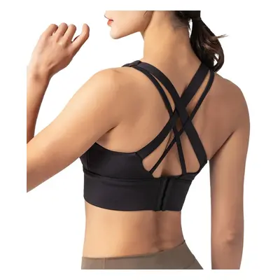 (Black) Woman Sports Bra Push-up Shockproof Quick Dry Padded Crop-Top Four Hook-and-eye Tank-Top