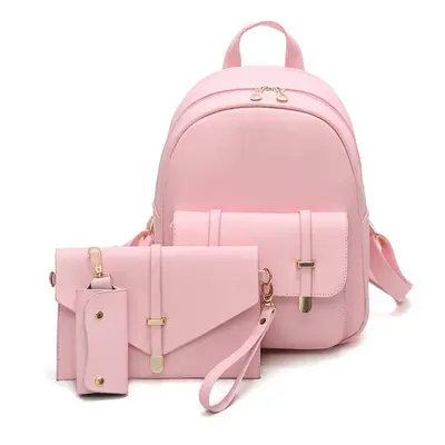 (Pink) PCS PU Leather Women Backpacks Students Schoolbags