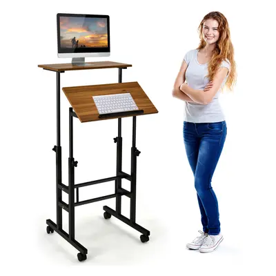 2-Tier Adjustable Desk Mobile Sit Stand Desk w/ Metal Frame Walnut