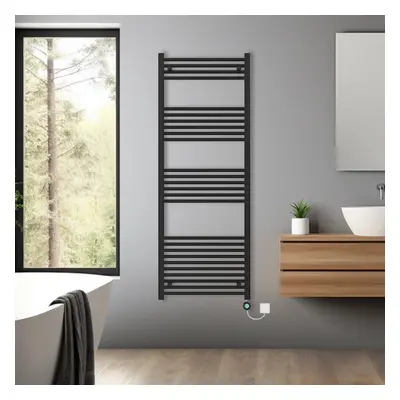 (Black, 1600x600mm) Pre-filled Bathroom Straight Electric Heated Towel Rail Radiator Thermostati