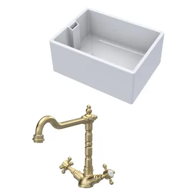 Fireclay Kitchen Bundle - Single Bowl Belfast Sink & French Classic Mono Tap, 615mm - Brushed Br