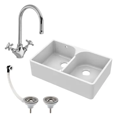 795mm - Double Bowl Fireclay Butler Kitchen Sink - Stepped Weir, Mixer Tap & Wastes