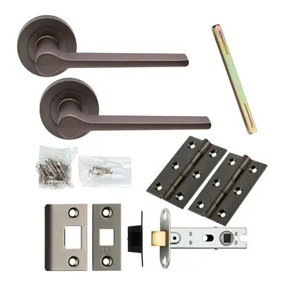 Door Handle & Latch Pack Matt Bronze Slim Rounded Lever Screwless Round Rose