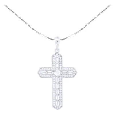 Jewelco London Unisex Rhodium Silver White Princess Baguette CZ Ancrusted Arrowhead Cross Pendan