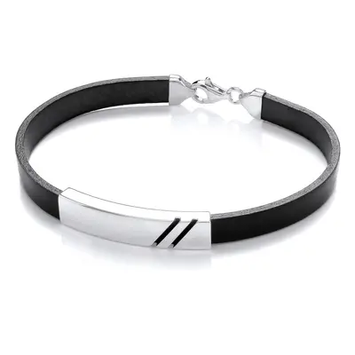 Jewelco London Mens Black Leather Stainless Steel Flat ID Plate Double Groove Strap Bracelet 8mm