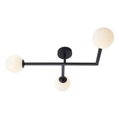 Matt Black Semi Fush Bathroom Ceiling Light & Opal Glass Shade - Bulb Fitting