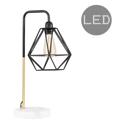 Retro Black/Gold Effect Metal & White Marble Table Lamp with a Black Metal Basket Cage Shade + 4