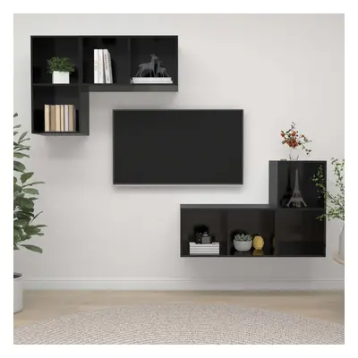 vidaXL 4x Wall Mounted TV Cabinets High Gloss Black Chipboard Living Room