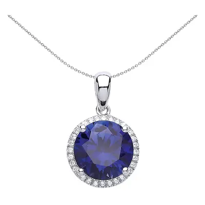 Jewelco London Ladies Sterling Silver Sapphire-Blue Cubic Zirconia Halo Pendant Necklace inch - 