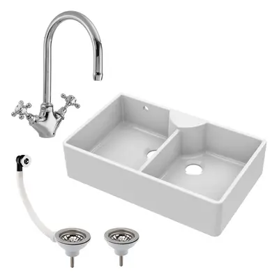 895mm - Double Bowl Fireclay Butler Kitchen Sink - Stepped Weir, Mixer Tap & Wastes