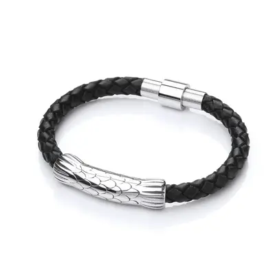 Jewelco London Mens Rhodium Plated Stainless Steel Black Leather Dragon Scale Cuff Bracelet 11mm