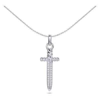 Jewelco London Men's Rhodium Silver Round CZ Twisted Dagger Sword Charm Pendant - APD194