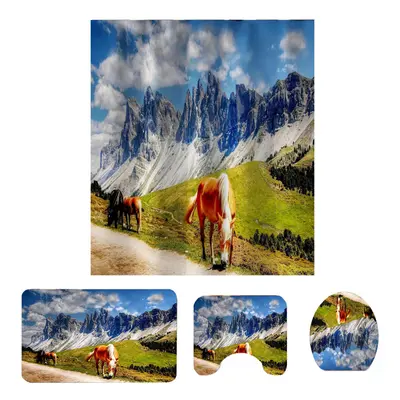 (C) 4/3/1PCS Horse Bathroom Rug Shower Curtain 4pcs Skidproof Toilet Lid Cover Bath Mat Rug Set