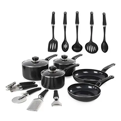 Morphy Richards Equip Piece Cookware Set (3 Pots+ Saucepans + Utensils), Black, Aluminium