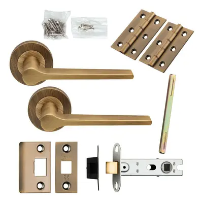 Door Handle & Latch Pack Antique Brass Rounded Lever Screwless Round Rose