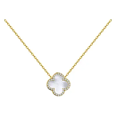 Jewelco London Gold-plated Silver Clover Mother of Pearl & CZ Halo Lucky Charm Pendant Necklace 