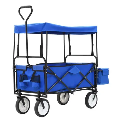 vidaXL Folding Hand Trolley with Canopy Steel Blue Transport Cart Garden Truck