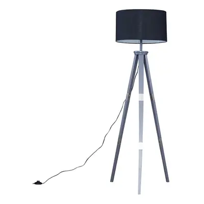 Large Modern Grey Wood & Metal Tripod Design Floor Lamp with a Black Cylinder Shade - Complete w