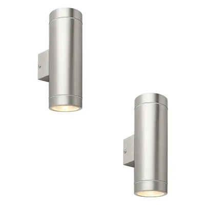 2 PACK Up & Down Twin Outdoor Wall Light - x 7W GU10 LED - Brushed Steel