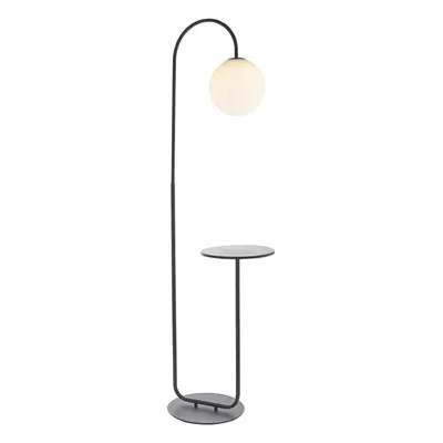 Satin Black Floor Lamp with Side Table - 1750mm Height - Opal Sphere Glass Shade