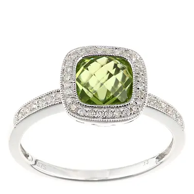 (M) Jewelco London 9ct White Gold Cushion Peridot and Diamond Halo Ring