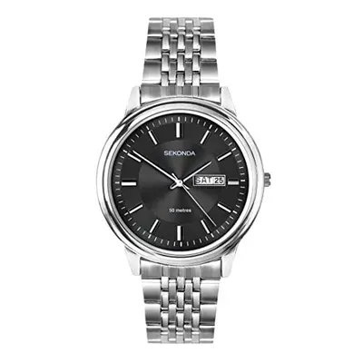 Sekonda Mens Analogue Classic Quartz Watch with Black Dial and Silver Stainless Steel Strap