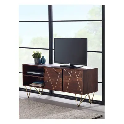 Solid Wood TV Media Plasma Unit Stand Doors Shelves Gold Metal Legs Handmade