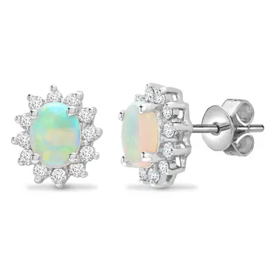 Jewelco London Ladies 18ct White Gold Cluster Set Round G SI 0.19ct Diamond and Oval Opal Royal 