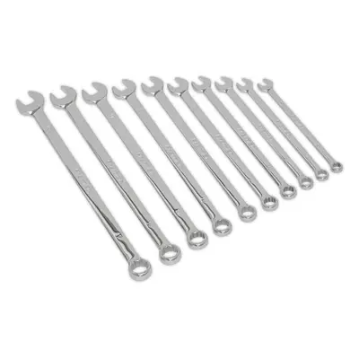 10pc Extra Long Combination Hand Spanner Set - to 19mm Metric Point Socket