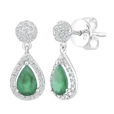 Jewelco London 18ct White Gold Round 1/4ct Diamond Pear 0.7ct Emerald Teardrop Drop Earrings - D