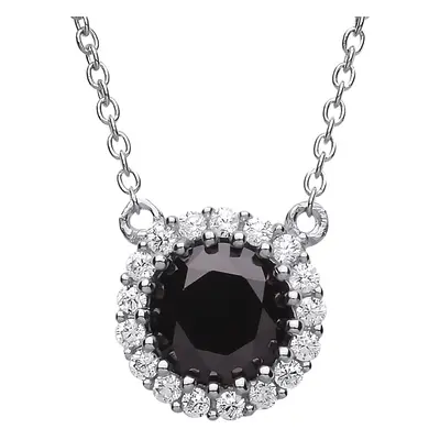 Jewelco London Ladies Sterling Silver Black Cubic Zirconia Solitaire Halo Charm Necklace + inch 