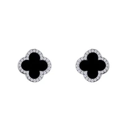 Jewelco London Rhodium Silver Black Clover Onyx & CZ Halo Lucky Charm Earrings 11mm - AES258